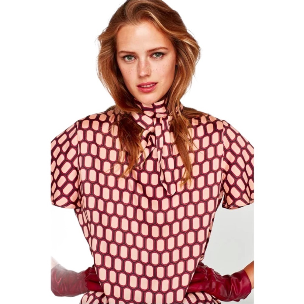Zara Woman Printed High Collar Short Sleeve Blouse- Size M​